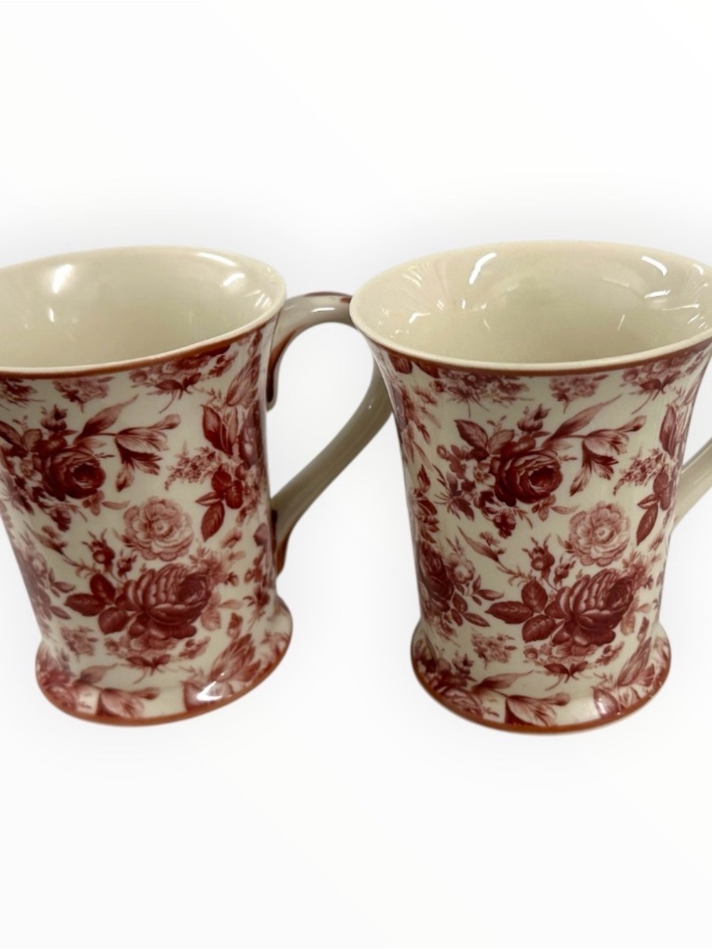Harry & David Floral Toile Coffee Mugs Set of 2 Red Cream Ceramic China - Picture 4 of 11